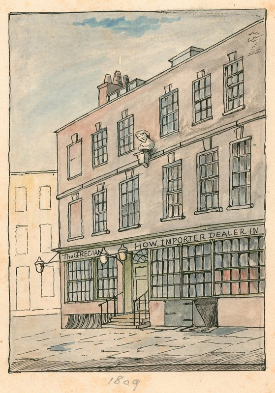 O Grecian Coffee House, Devereux Court, Strand, com um busto de Ben Johnson de English School