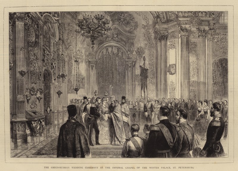 Cerimônia de Casamento Greco-Russo na Capela Imperial do Palácio de Inverno, São Petersburgo (gravura) de English School
