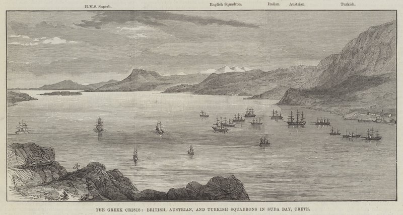 A crise grega, esquadrões britânico, austríaco e turco em Suda Bay, Creta (gravura) de English School