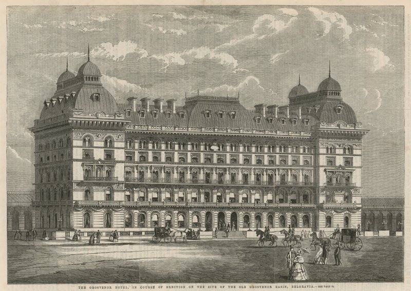 O Grosvenor Hotel, em ereção no local da antiga Grosvenor Basin, Belgravia de English School