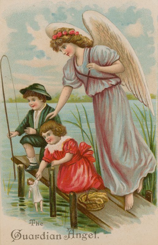 O anjo da guarda, protegendo menino, menina e boneca de pesca de English School
