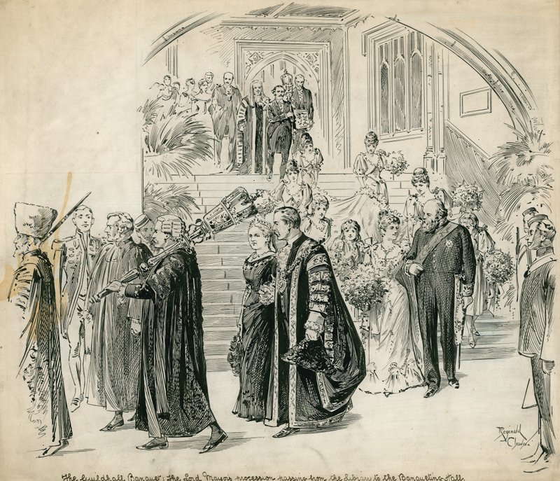 The Guildhall, Londres, Banquete: a procissão do Lord Mayors que passa da Biblioteca para o Salão de Banquetes de English School