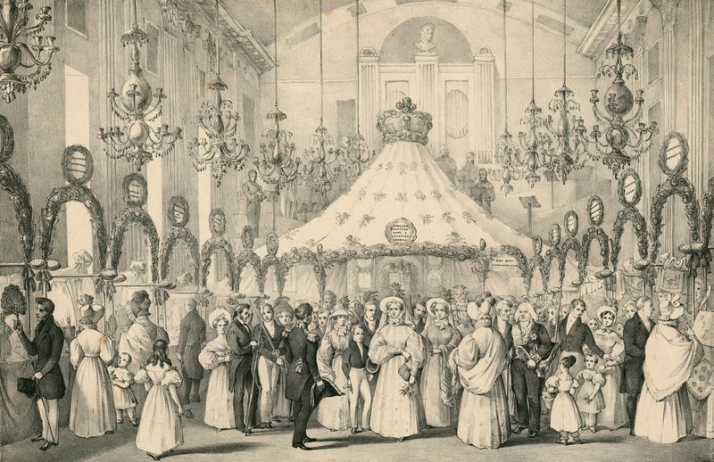 The Hanover Square Rooms, quando a Rainha Victoria teve a visão privada da feira chique em ajuda de estrangeiros em perigo, realizada em 19 de junho de 1833 de English School