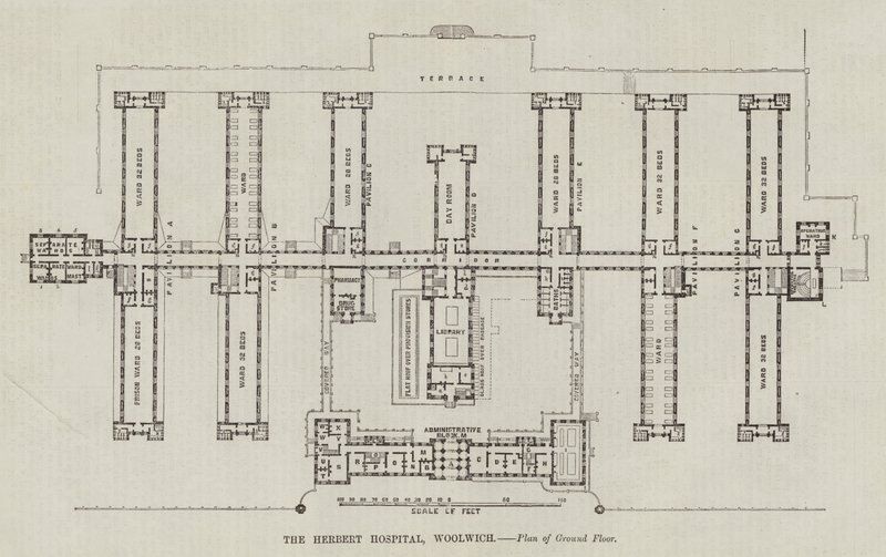 O Hospital Herbert, Woolwich, Planta do andar térreo (gravura) de English School
