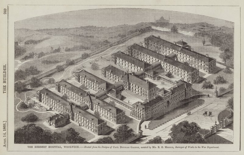 O Hospital Herbert, Woolwich, construído a partir dos desenhos do Capitão Douglas Galton, assistido (gravura) de English School