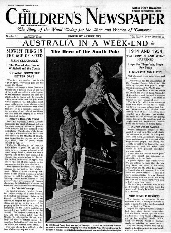 O Herói do Pólo Sul, primeira página do &39;The Children&39;s Newspaper&39;, novembro de 1934 (papel de jornal) de English School