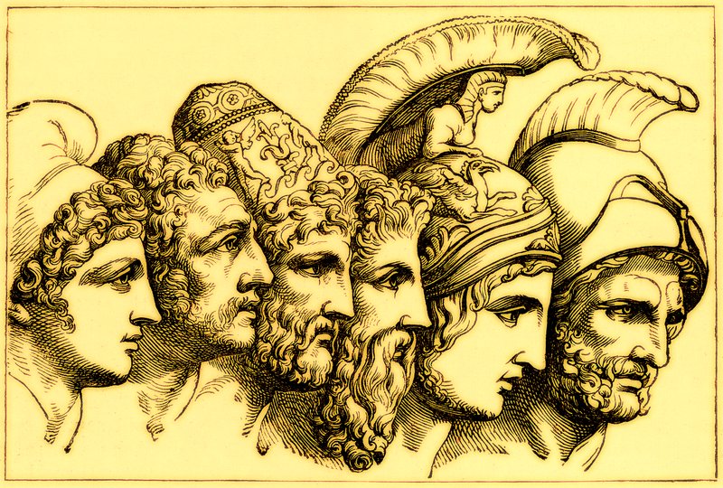 Os Heróis da Guerra de Tróia: Paris, Diomedes, Ulisses, Nestor, Aquiles, Agamenon, ilustração da História Ilustrada do Mundo, publicada em 1880 (imagem digitalmente aprimorada) de English School