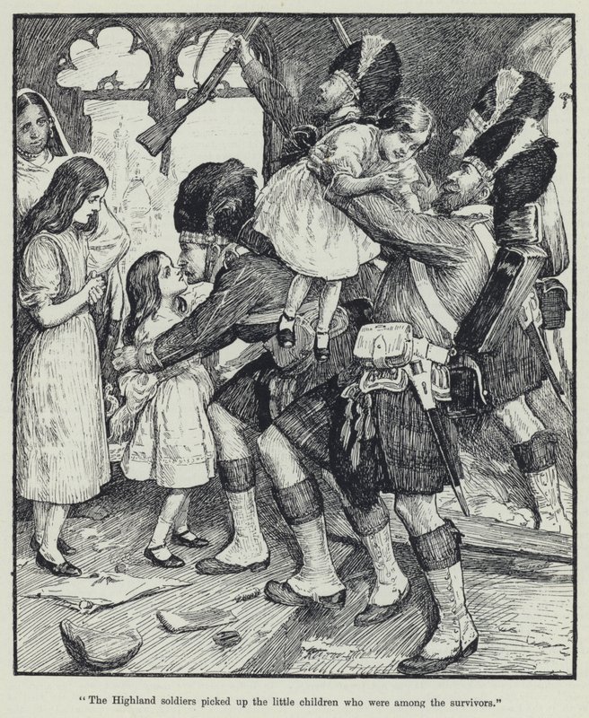 "Os soldados do Highland pegaram as crianças pequenas que estavam entre os sobreviventes" de English School