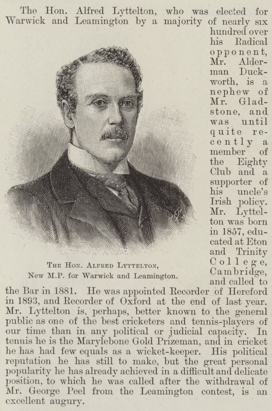 O Honorável Alfred Lyttelton, Novo Deputado para Warwick e Leamington (gravura) de English School