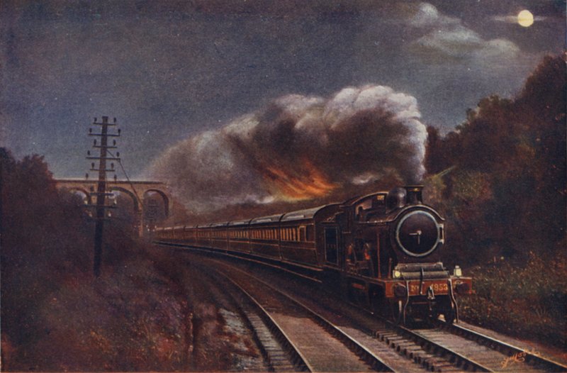 O gancho de Holland Express em a noite, estação da rua de Liverpool a Parkeston Quay (Harwich), Great Eastern Railway de English School
