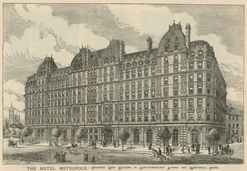 O Hotel Metropole propôs novo edifício em Northumberland Avenue e Whitehall Place de English School