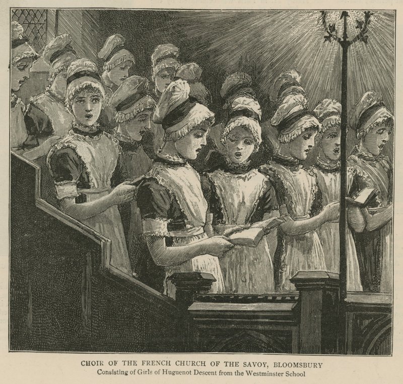 Os huguenotes na Inglaterra: Coro da Igreja Francesa do Savoy, Bloomsbury de English School