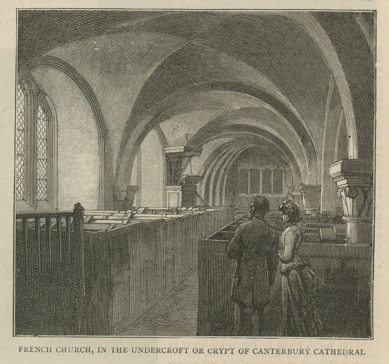 Os huguenotes na Inglaterra: igreja francesa na cripta ou cripta da Catedral de Canterbury de English School