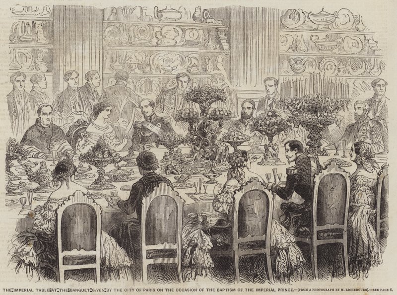 A Mesa Imperial no Banquete dado pela Cidade de Paris por ocasião do Batismo do Príncipe Imperial (gravura) de English School