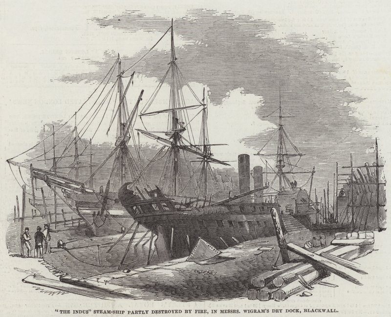 "The Indus" Steam-Ship parcialmente destruída pelo fogo, em Messers Wigram