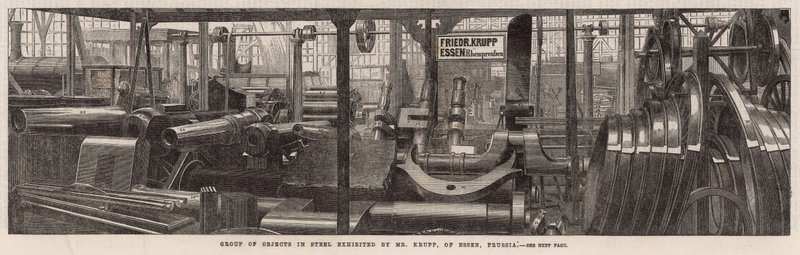 A exposição internacional; Grupo de objetos em aço exibido pelo Sr. Krupp de Essen, Prússia de English School