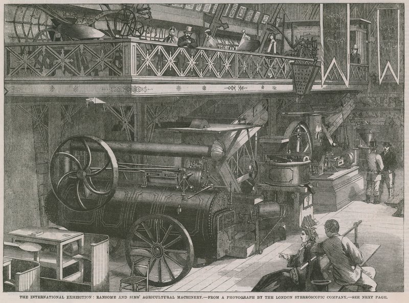 A exposição internacional; Máquinas agrícolas de Ransome e Sims de English School