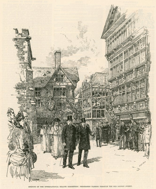A Exposição Internacional de Saúde em South Kensington: Procissão passando pela antiga rua de Londres de English School