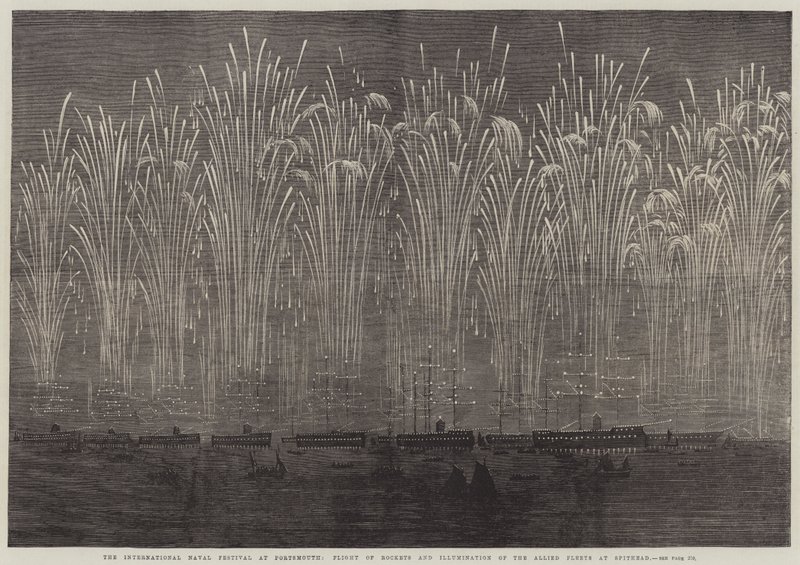 O Festival Naval Internacional em Portsmouth, Voo de Foguetes e Iluminação das Frotas Aliadas em Spithead (gravura) de English School