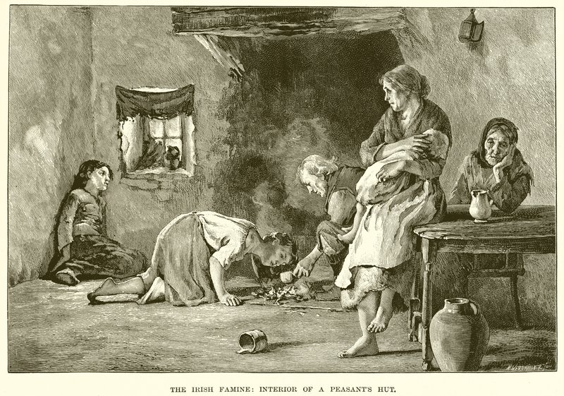 A Família Irlandesa: Interior de uma cabana de camponeses de English School