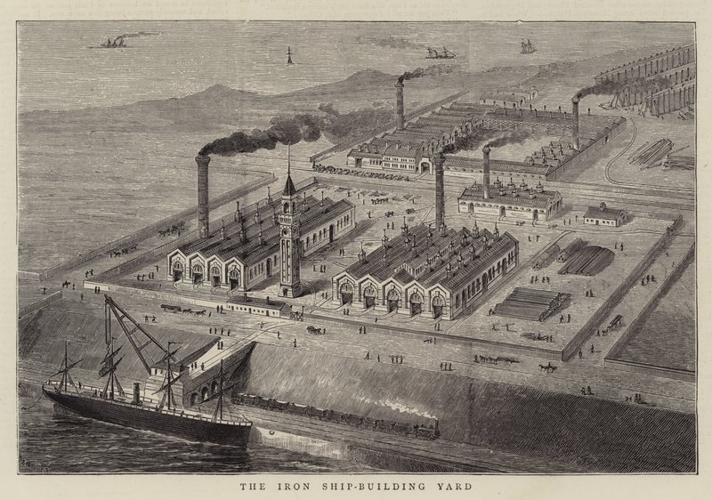 O estaleiro de construção naval em ferro (gravura) de English School