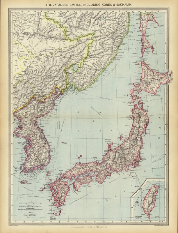 O Império Japonês, incluindo Coréia e Sakhalin (lito colorido) de English School