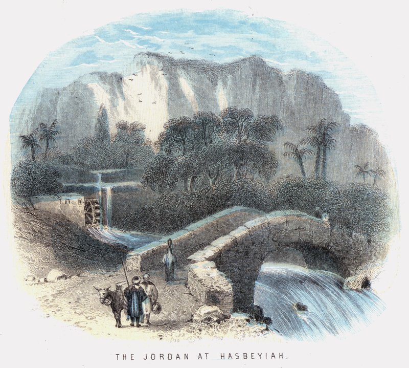 O Jordão em Hasbeyiah (gravura colorida) de English School