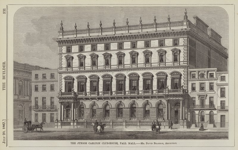 The Junior Carlton Club-House, Pall Mall, Sr. David Brandon, Arquitecto (gravura) de English School