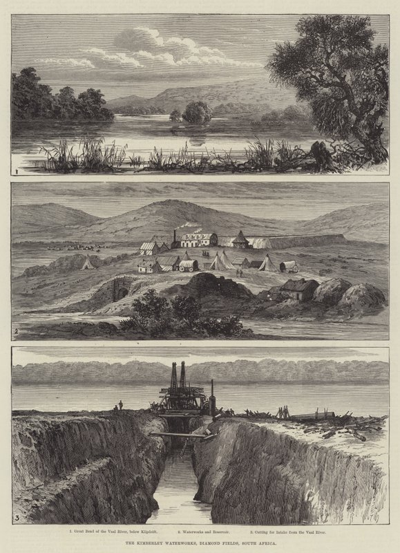 The Kimberley Waterworks, Diamond Fields, África do Sul (gravura) de English School