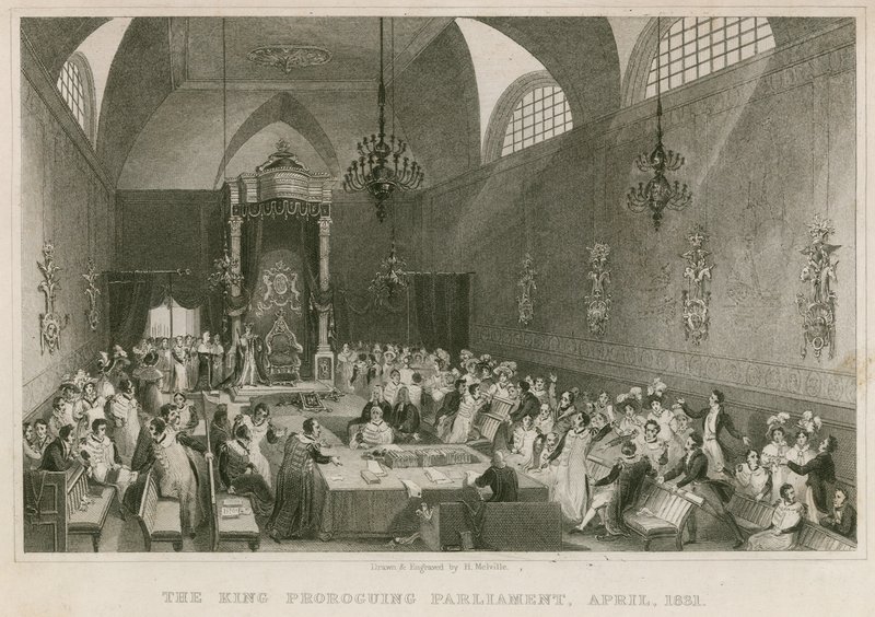 O rei prorrogando o Parlamento, na Câmara dos Lordes, em abril de 1831 de English School
