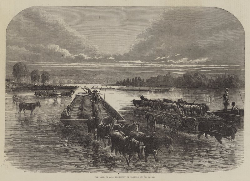 A Terra do Petróleo, Transporte de Barris em Oil Creek (gravura) de English School