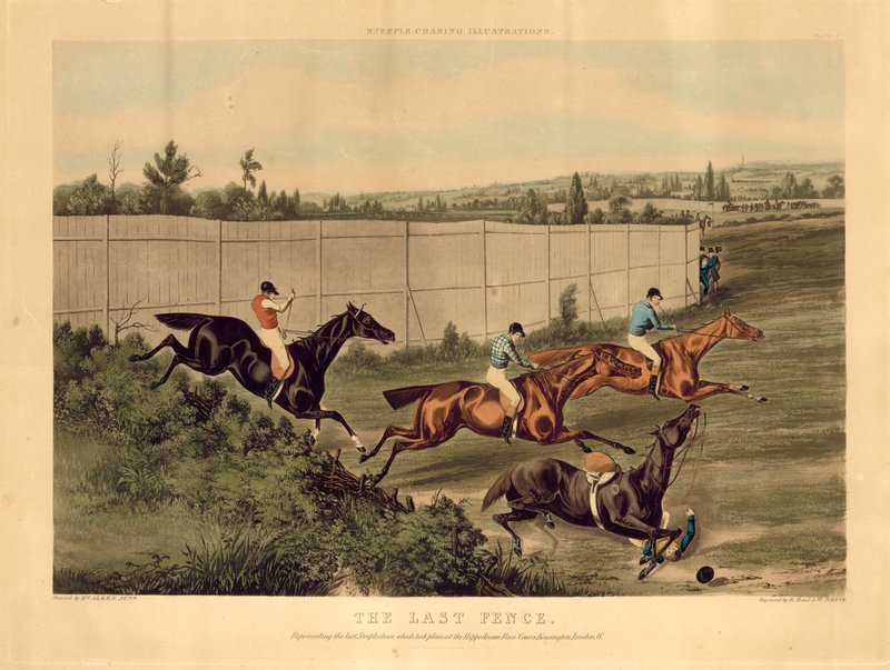 The Last Fence, representando a última Steeplechase que teve lugar no hipódromo Race Course, Kensington, Londres de English School
