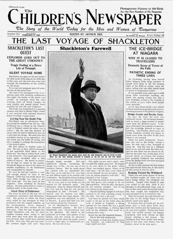 A Última Viagem de Shackleton, primeira página do &39;Jornal das Crianças&39;, fevereiro de 1922 (papel de jornal) de English School