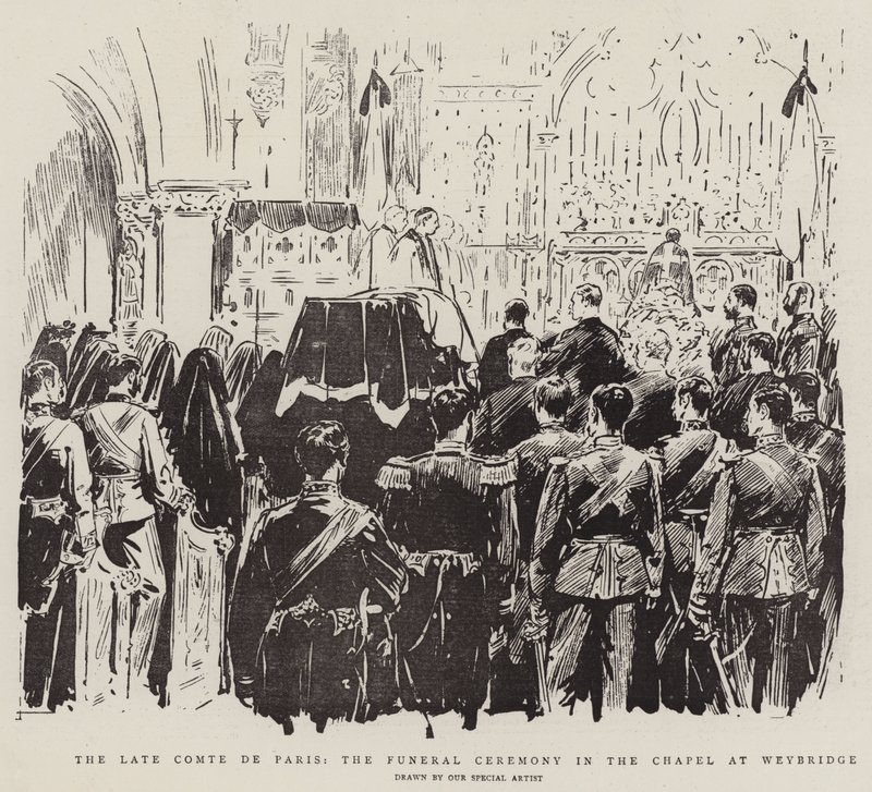 O Fim do Comte de Paris, a Cerimónia Funerária na Capela de Weybridge (litho) de English School