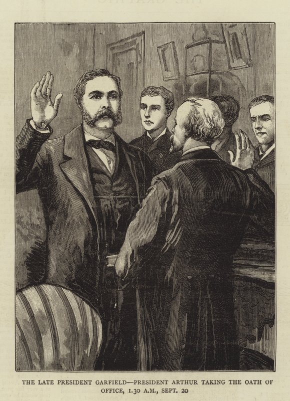 O falecido Presidente Garfield, o Presidente Arthur a fazer o juramento de posse de English School