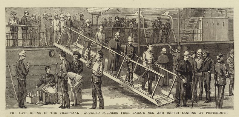 A Ascensão Atrasada no Transvaal, Soldados Feridos do Nek de Laing e Ingogo desembarcam em Portsmouth (gravura) de English School