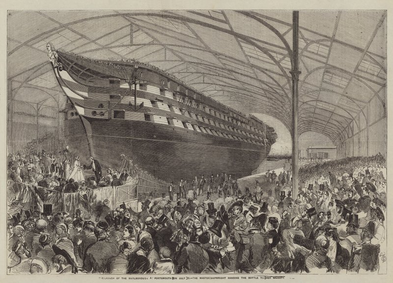 O lançamento do Marlborough em Portsmouth no dia 31 de Julho, o Mastershipwright entregando a Garrafa a Sua Majestade (gravura) de English School