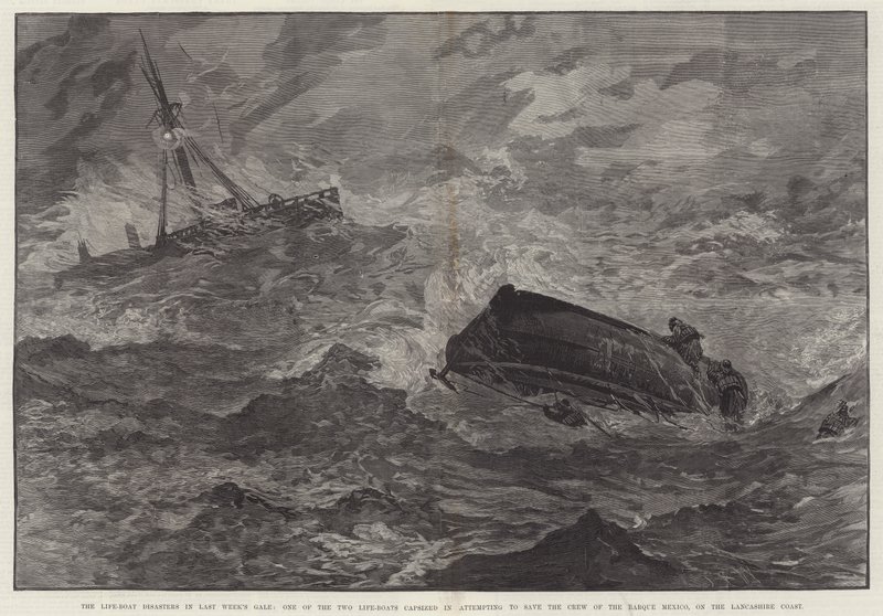 As Catástrofes de Life-Boat em Gale da semana passada, um dos dois barcos salva-vidas virados na tentativa de salvar a tripulação do Barque México, na costa de Lancashire (gravura) de English School