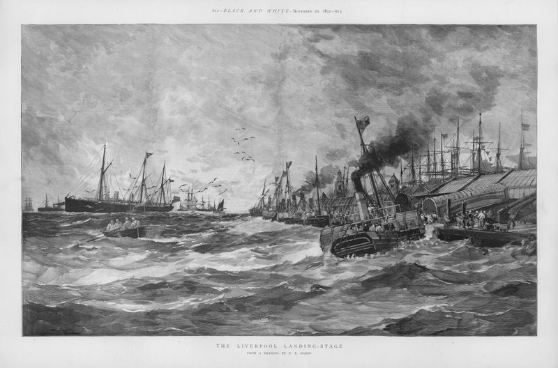 O palco de aterragem de Liverpool, Merseyside (litho) de English School