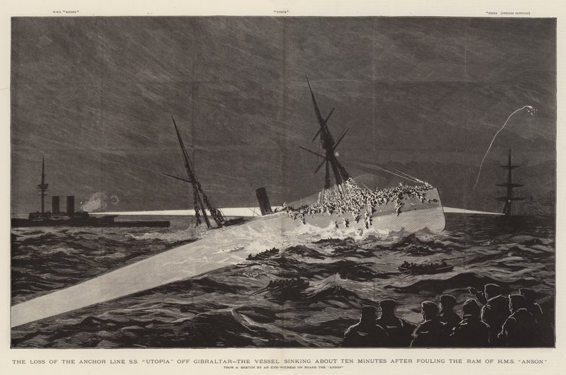 A Perda da Linha de Âncora SS "Utopia" ao largo de Gibraltar, o Vaso afundando cerca de Dez Minutos depois de ter sujado o Carneiro de HMS "Anson" (gravura) de English School