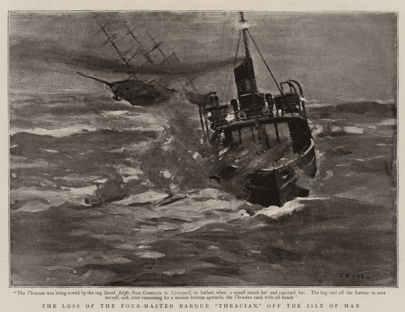 A Perda do "Trácio" de quatro torres, ao largo da Ilha de Man (Litho) de English School