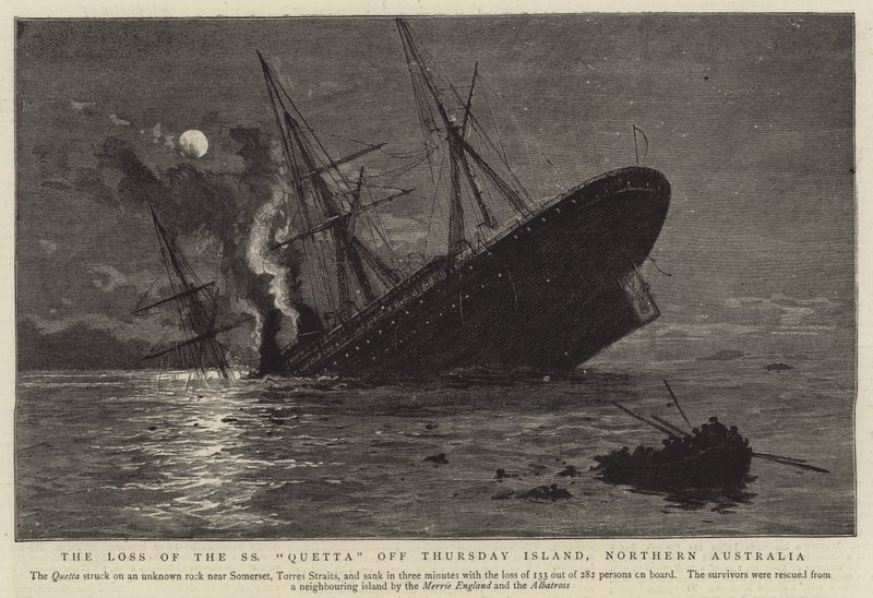 A perda do SS "Quetta" fora da ilha Thursday, Norte da Austrália (gravura) de English School