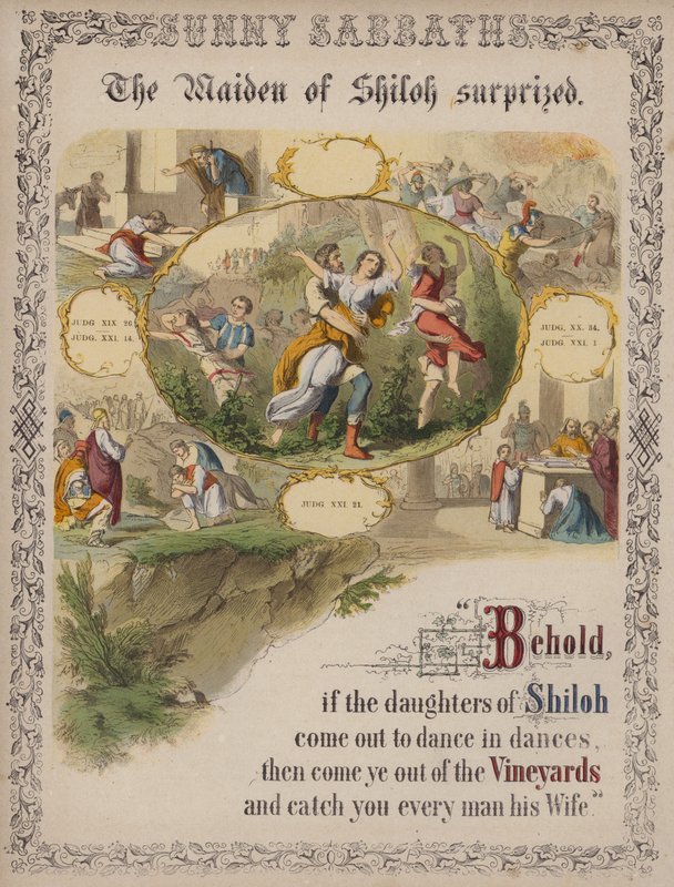 A donzela de Shiloh surpreendida (gravura colorida) de English School