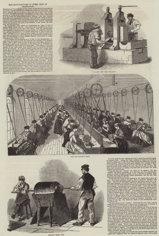 A fabricação de canetas de aço em Birmingham (gravura) de English School