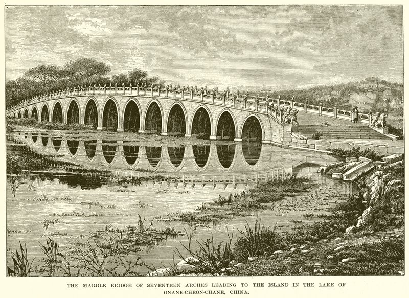 A ponte de mármore de dezassete arcos que conduz à ilha no lago de Onane-Cheon-Chane, China (gravura) de English School