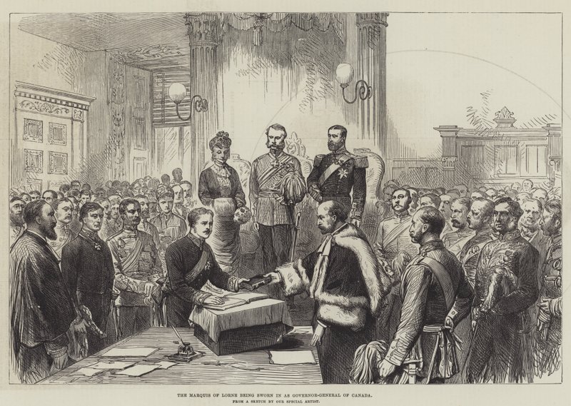 O Marquês de Lorne sendo empossado como Governador Geral do Canadá (gravura) de English School