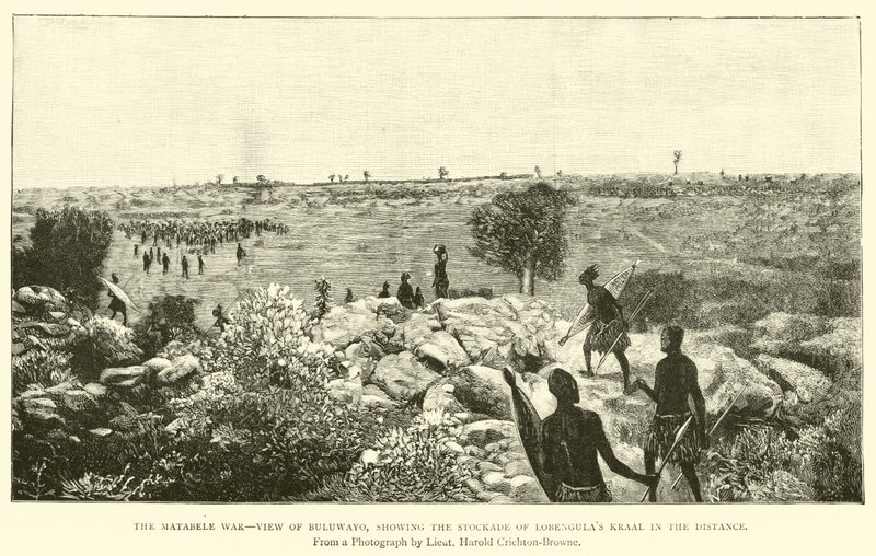 A guerra de Matabele, vista de Buluwayo, mostrando a paliçada de Lobengulas kraal à distância de English School