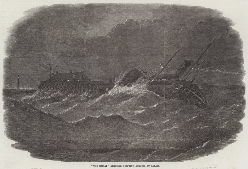"The Menai" Steamer drifting Ashore, em Calais (gravura) de English School