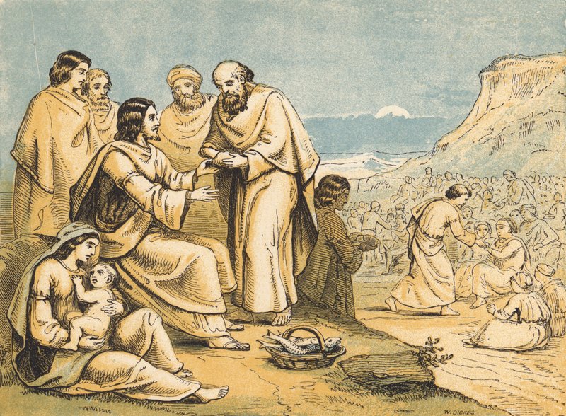 O Milagre dos Pães e Peixes (gravura colorida) de English School