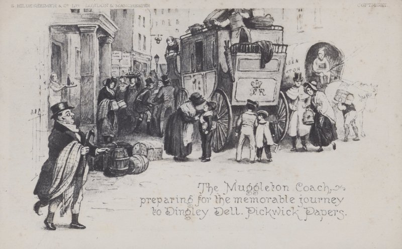 O treinador Muggleton, preparando-se para a memorável viagem a Dingley Dell, Pickwick Papers (foto a p/b) de English School